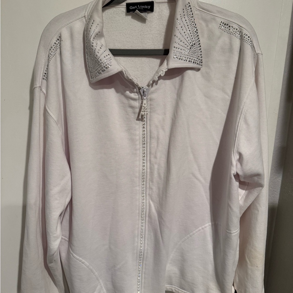 Lucky Brand White Zip-Up Bomber Jacket with Studded Collar